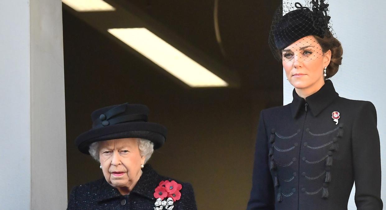 Kate Middleton joined the Queen on a balcony overlooking the Cenotaph for Remembrance Sunday [Image: Getty]