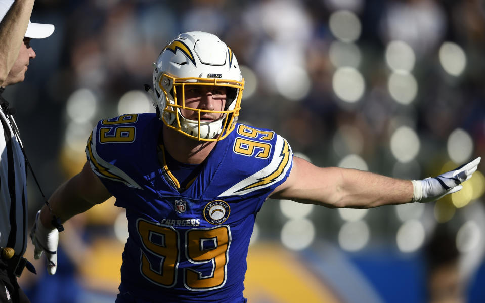 Los Angeles Chargers defensive end Joey Bosa celebrates after sacking Arizona Cardinals quarterback Josh Rosen during the first half of an NFL football game Sunday, Nov. 25, 2018, in Carson, Calif. (AP Photo/Kelvin Kuo )