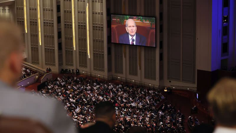 President Russell M. Nelson of The Church of Jesus Christ of Latter-day Saints speaks through video message during the 193rd Semiannual General Conference of The Church of Jesus Christ of Latter-day Saints at the Conference Center in Salt Lake City on Sunday, Oct. 1, 2023.