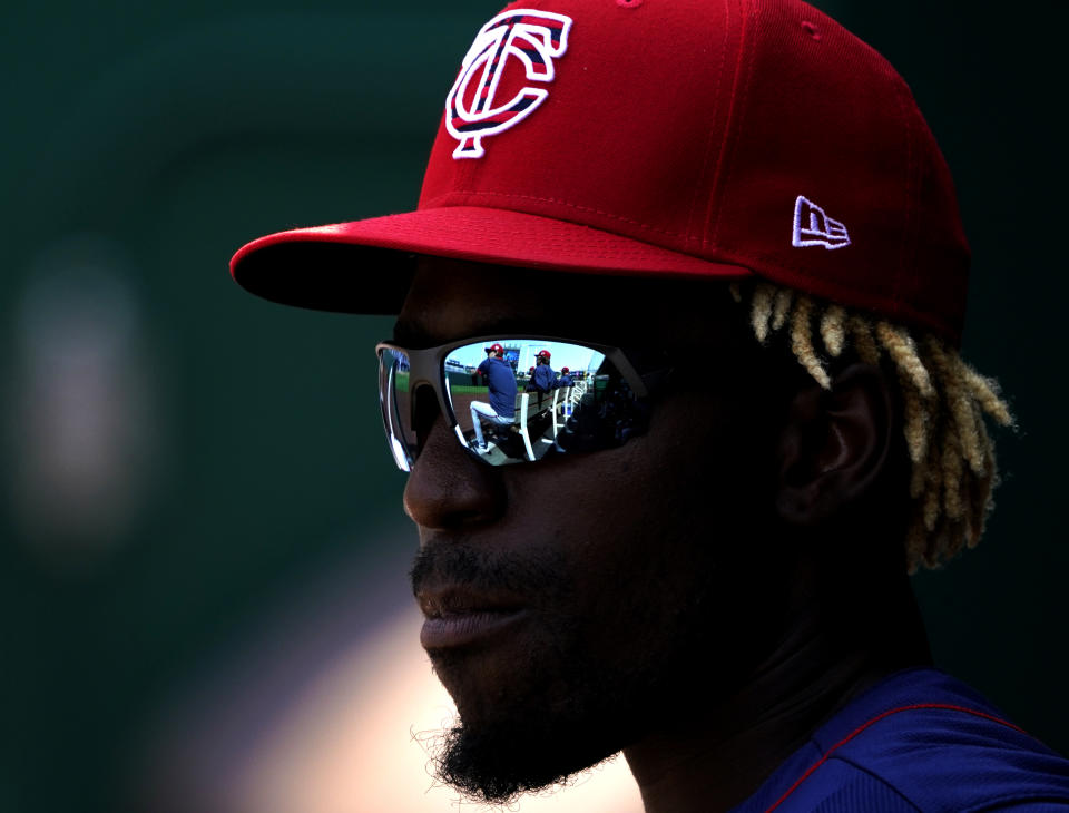 Minnesota Twins' Nick Gordon watches from the dugout during the first inning of a baseball game against the Kansas City Royals, Saturday July 3, 2021 in Kansas City, Mo. (AP Photo/Ed Zurga)