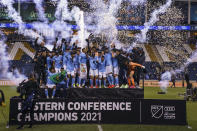 New York City FC celebrates after winning the Eastern Conference Championship following an MLS playoff soccer match against the Philadelphia Union, Sunday, Dec. 5, 2021, in Chester, Pa. (AP Photo/Chris Szagola)