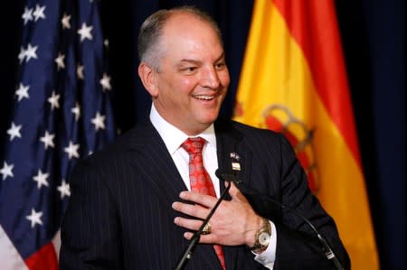 Louisiana Governor John Bel Edwards speaks during a welcoming ceremony for Spain's King Felipe VI and Queen Letizia at Gallier Hall in New Orleans