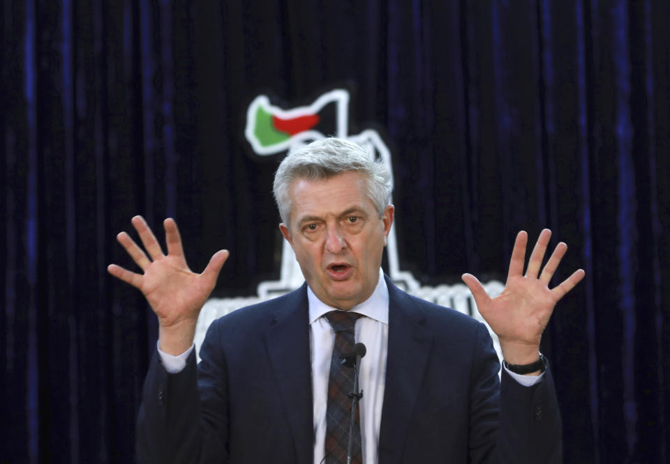 U.N. High Commissioner for Refugees Filippo Grandi speaks during a news conference in Kabul, Afghanistan, Tuesday, Nov. 17, 2020. (AP Photo/Rahmat Gul)