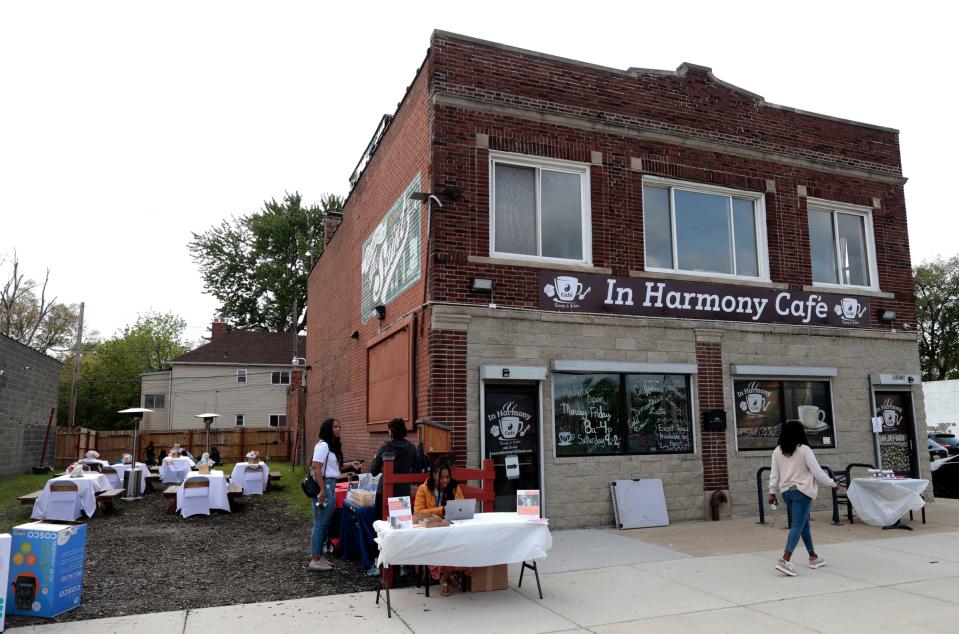 Harmony Cafe in Detroit hosted Lesley and Robert Gant of Because His Love Outreach during their baby shower on May 20, 2023.  The Gant's hosted the shower for expecting mothers or moms that had recently given birth and offered classes, had a raffle of baby items and gift bags full of diapers and other baby supplies. They offer home support for pregnant women and children who have Medicaid in Metro Detroit helping parents cope with stress, transportation needs, safe sleep education, family planning and other needs.