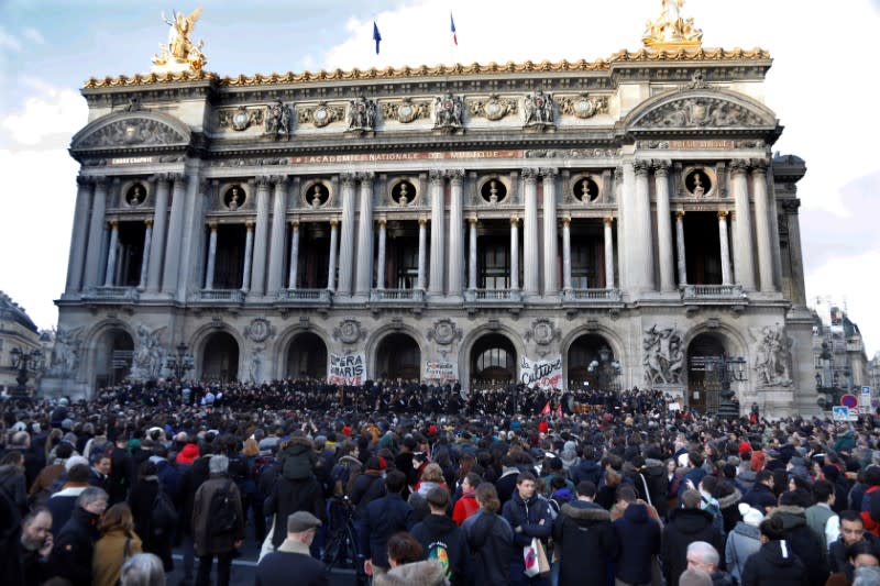 Paris Opera musicians perform against pension reform plans in Paris