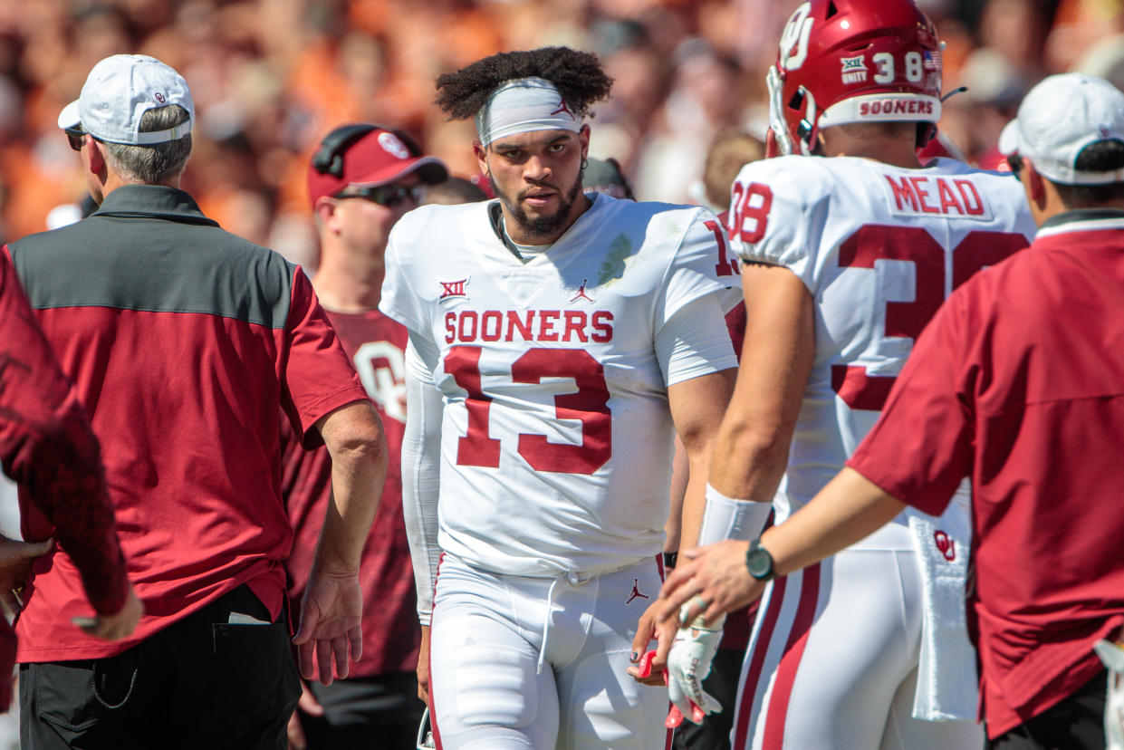 Oklahoma Sooners quarterback Caleb Williams (13) on the sidelines against the Texas Longhorns on Oct. 9. (William Purnell/Icon Sportswire via Getty Images)