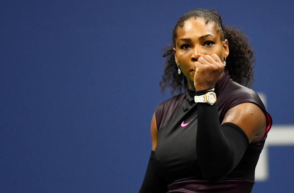 NEW YORK, NY - SEPTEMBER 07:  Serena Williams of the United States celebrates defeating Simona Halep of Romania during their Women's Singles Quarterfinals Match on Day Ten of the 2016 US Open at the USTA Billie Jean King National Tennis Center on September 7, 2016 in the Flushing neighborhood of the Queens borough of New York City.  (Photo by Alex Goodlett/Getty Images)