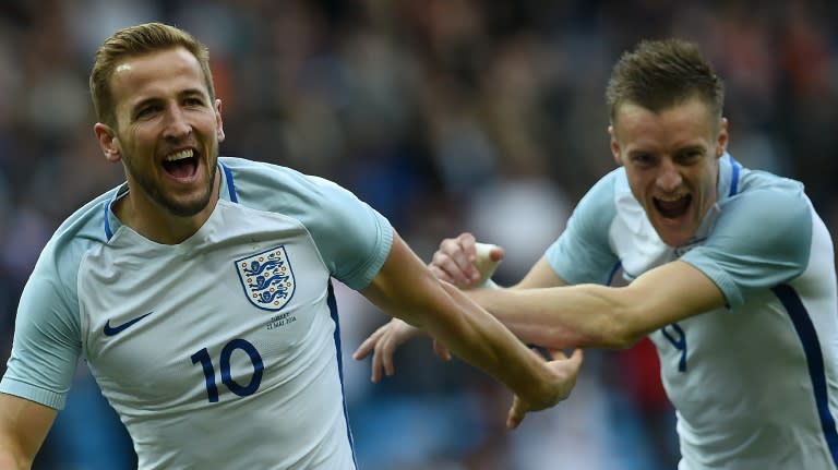 England's Harry Kane (left) celebrates after scoring against Turkey at the Etihad Stadium in Manchester, on May 22, 2016