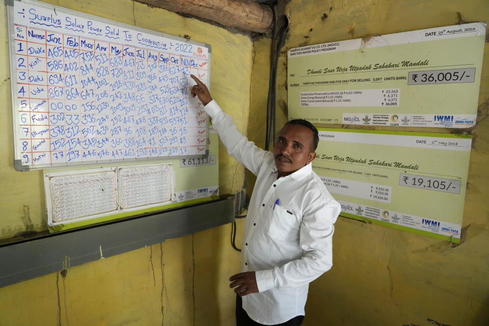 Farmer Pravinbhai Parmar shows a chart of surplus solar power sold to the Dhundi solar power producer co-operative society in Dhundi village of Kheda district in western Indian Gujarat state, India, Friday, Jan. 13, 2023. Parmar has been using solar power for irrigation and sells the excess electricity to the state's grid to earn additional income.