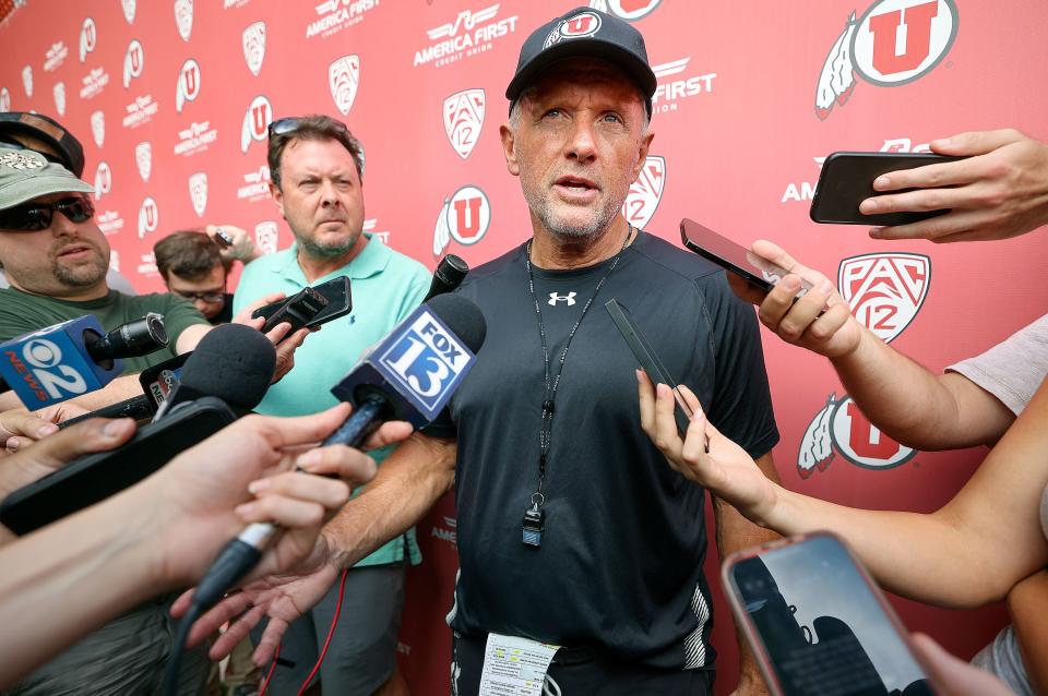 University of Utah head football coach Kyle Whittingham talks to members of the media outside of the Spence and Cleone Eccles Football Center after practice in Salt Lake City on Monday, July 31, 2023. | Kristin Murphy, Deseret News