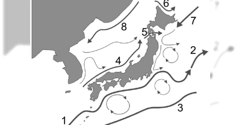 最接近日本中西部沿岸的洋流為對馬暖流（編號4）。（圖／翻攝自維基百科）