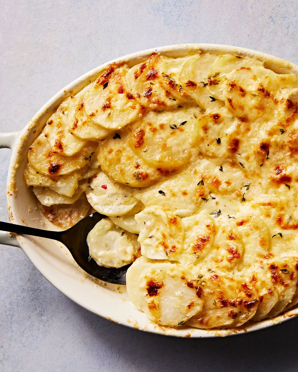 scalloped potatoes in creamy sauce in a white casserole dish baked and topped with cheese