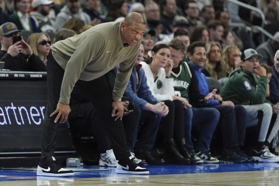 Milwaukee Bucks head coach Doc Rivers watches during the first half of an NBA basketball game Thursday, March 21, 2024, in Milwaukee. (AP Photo/Morry Gash)