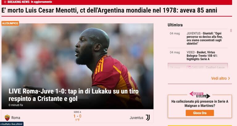 Home page de La Gaezettta Dello Sport con la muerte de Menotti