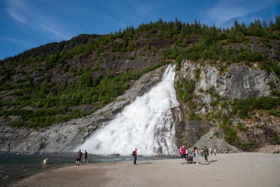 Nugget Falls plunges about 377 feet down the rugged mountainside into Mendenhall Lake (Radhika Aligh)