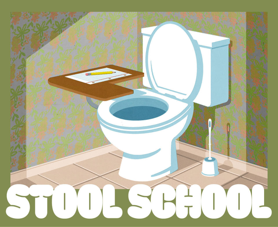 an illustration of a toilet with a desk attachment, below the text reads "stool school"