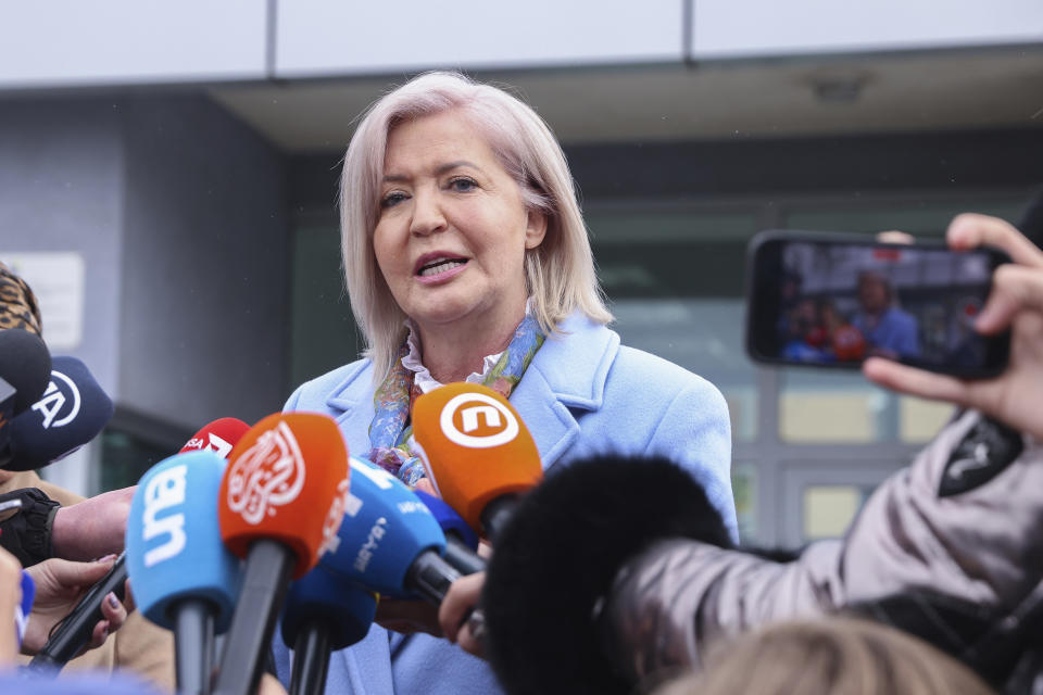 Vasvija Vidovic, attorney of Fadil Novalic, the prime minister of Bosniak-Croat Federation addresses the media at the Court of Bosnia and Herzegovina after the pronouncement of the verdict in Sarajevo, Bosnia, Wednesday, April 5, 2023. A top Bosnian government official and two others were found convicted and given prison sentences Wednesday over the procurement at highly inflated prices of inadequate medical equipment during the COVID-19 pandemic. (AP Photo/Armin Durgut)