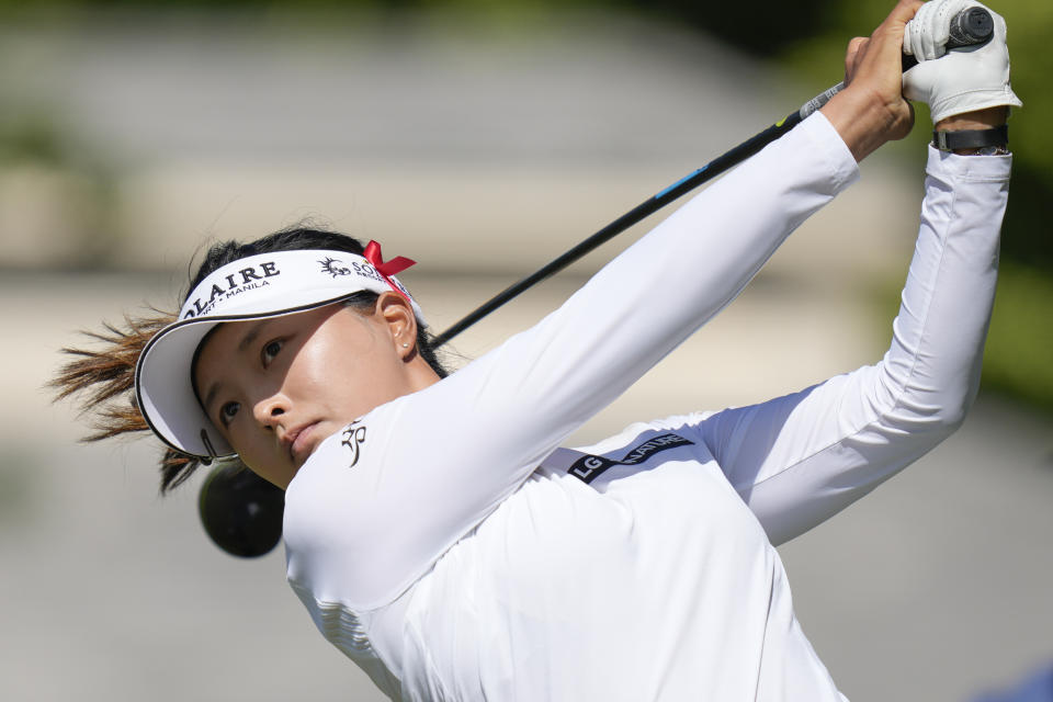 Jin Young Ko, of South Korea, hits off the fifth tee during the final round of the LPGA Cognizant Founders Cup golf tournament, Sunday, May 14, 2023, in Clifton, N.J. (AP Photo/Seth Wenig)
