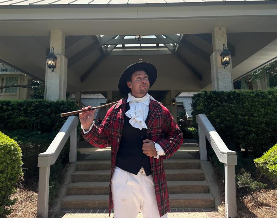 An actor playing RBC Heritage mascot Sir William Innes poses on the front steps of The Inn & Club at Harbour Town, where many professional golfers book their stays for the tournament. Innes will be a judge in Saturday’s “Plaid Nation Day” costume contest. “I let the crowd decide as well,” he said. “It’s a lot of fun; everyone’s dressed to the nines in plaid.”