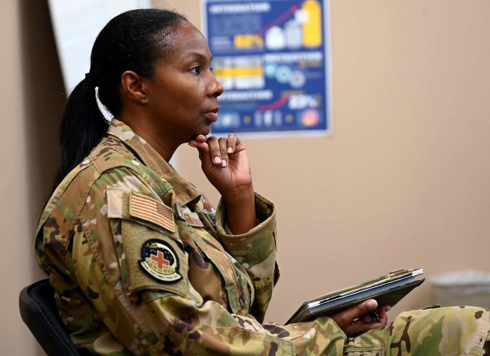 Senior Master Sgt. Malia Butler, a flight instructor with the 908th Aeromedical Evacuation Squadron, listens during a conference July 11, 2022, at Maxwell Air Force Base, Alabama. The 908th Airlift Wing hosted a Strategic Alignment Conference for their senior officer and enlisted leaders to decide the new wing mission and vision statements and their priorities as they transition away from a C-130H Hercules unit to being the U.S. Air Force’s new formal training unit for the MH-139A Grey Wolf helicopter.