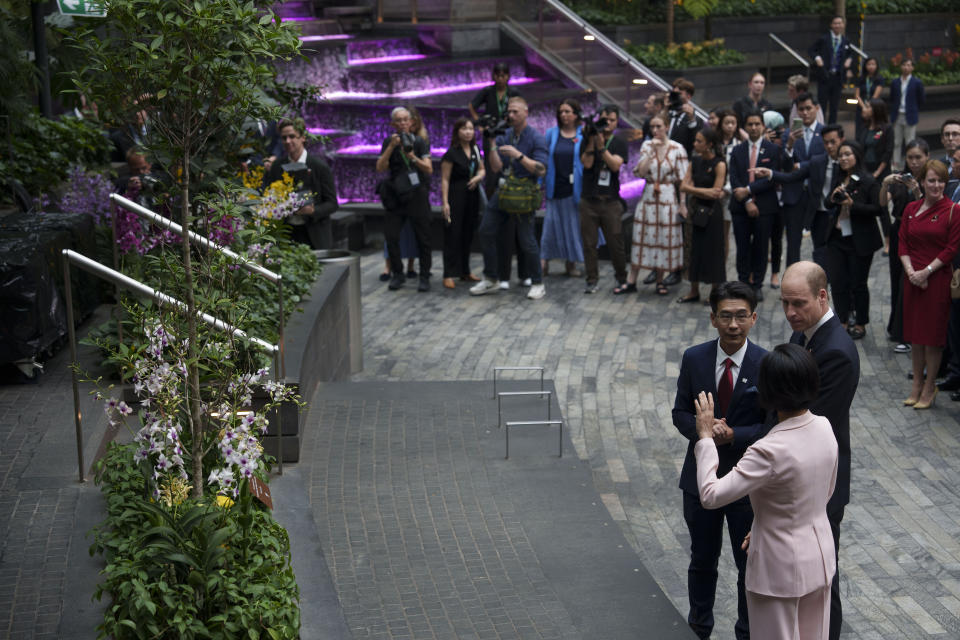 Britain's Prince William, left, looks at a tree presented to him at Jewel Changi airport, Singapore, Sunday, Nov. 5, 2023. (AP Photo/Vincent Thian)