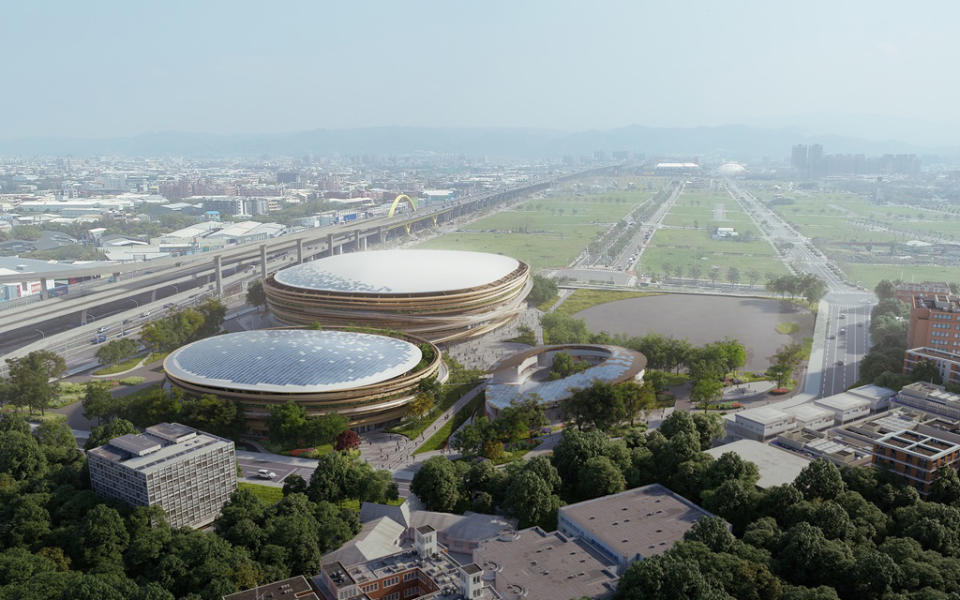 台中巨蛋場館由國際建築大師隈研吾團隊設計，以「天空迴廊，運動公園，世界地標，市民樂園」為主軸，象徵台中巨蛋與環境融合、地方結合。（示意圖／台中市政府提供）