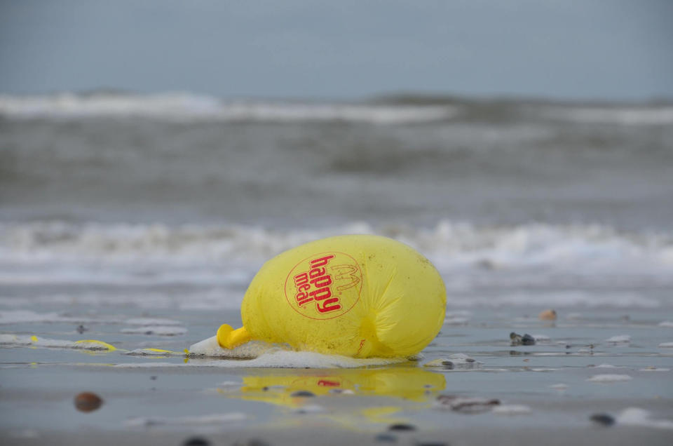 Campaigners the Blue Planet Society compiled images of the balloons washed up on beaches SWNS