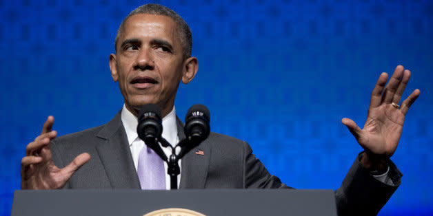 President Barack Obama gestures as he speaks to the Catholic Hospital Association Conference at the Washington Marriott Wardman Park in Washington, Tuesday, June 9, 2015.  Obama declared that his 5-year-old health care law is firmly established as the "reality" of health care in America, even as he awaits a Supreme Court ruling that could undermine it. (AP Photo/Carolyn Kaster) (Photo: )