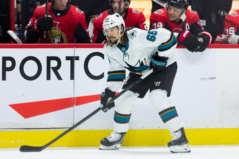 OTTAWA, ON - OCTOBER 27: San Jose Sharks defenseman Erik Karlsson (65) prepares for a face-off during first period National Hockey League action between the San Jose Sharks and Ottawa Senators on October 27, 2019, at Canadian Tire Centre in Ottawa, ON, Canada. (Photo by Richard A. Whittaker/Icon Sportswire via Getty Images)