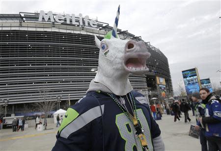 A Seattle Seahawks fan walks through the parking lot before the start of the NFL Super Bowl XLVIII football game against the Denver Broncos in East Rutherford, New Jersey, February 2, 2014. REUTERS/Andrew Kelly