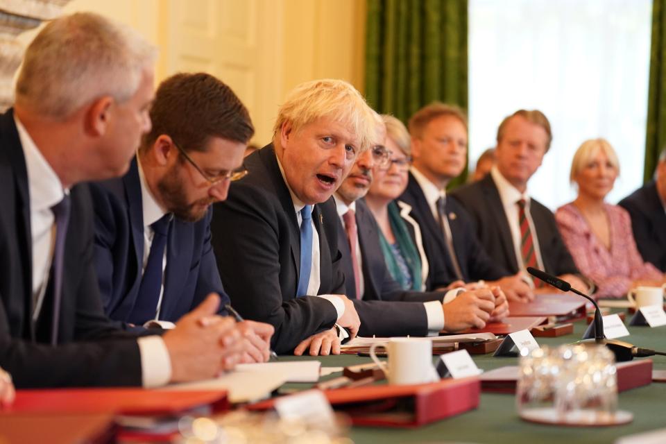 Health Secretary Stephen Barcley, Cabinet Secretary and Head of the Civil Service Simon Case, Prime Minister Boris Johnson, Chancellor of the Exchequer Nadhim Zahawi, Work and Pensions Secretary Therese Coffey, Transport Secretary Grant Shapps, Scottish Secretary Alister Jack and Culture Secretary Nadine Dorries (PA)