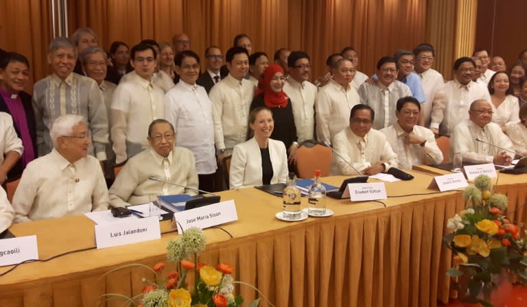 Philippines Presidential Advisers on the Peace Process Jesus G. Dureza and Silvestre H. Bello III are pictured during peace talks with the NDF organised by the Dutch government on April 2, 2017 in the Dutch town of Noordwijk aan Zee