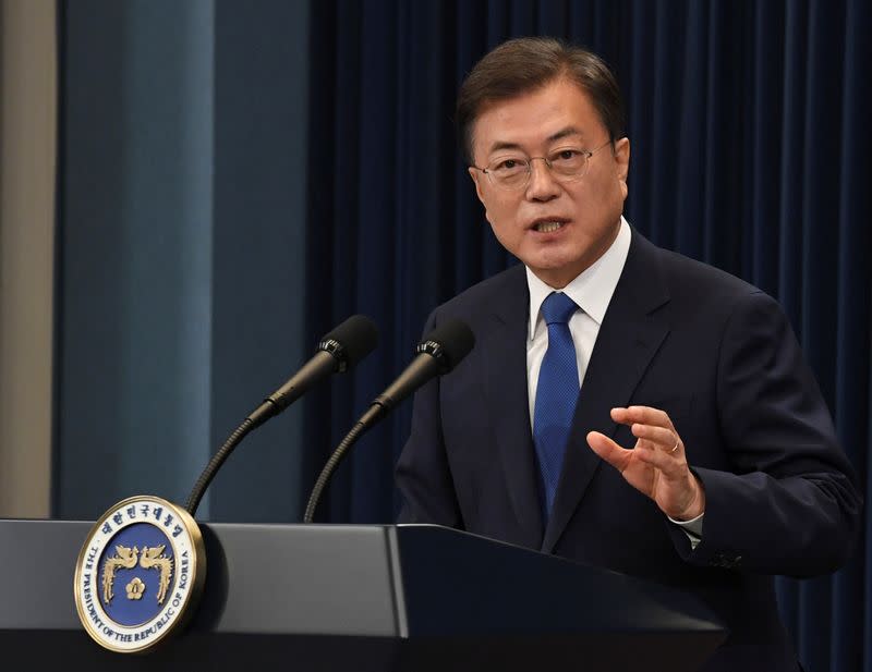South Korean President Moon Jae-in speaks on the occasion of the third anniversary of his inauguration at the presidential Blue House in Seoul