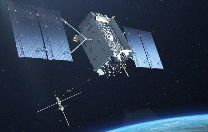 An artist's impression of a GPS-3 navigation satellite in orbit. / Credit: Lockheed Martin