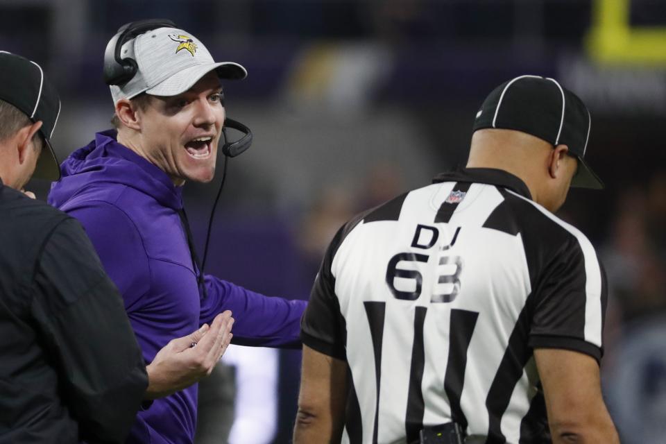 Minnesota Vikings head coach Kevin O'Connell argues a call during the second half of an NFL wild card football game against the New York Giants Sunday, Jan. 15, 2023, in Minneapolis. (AP Photo/Bruce Kluckhohn)