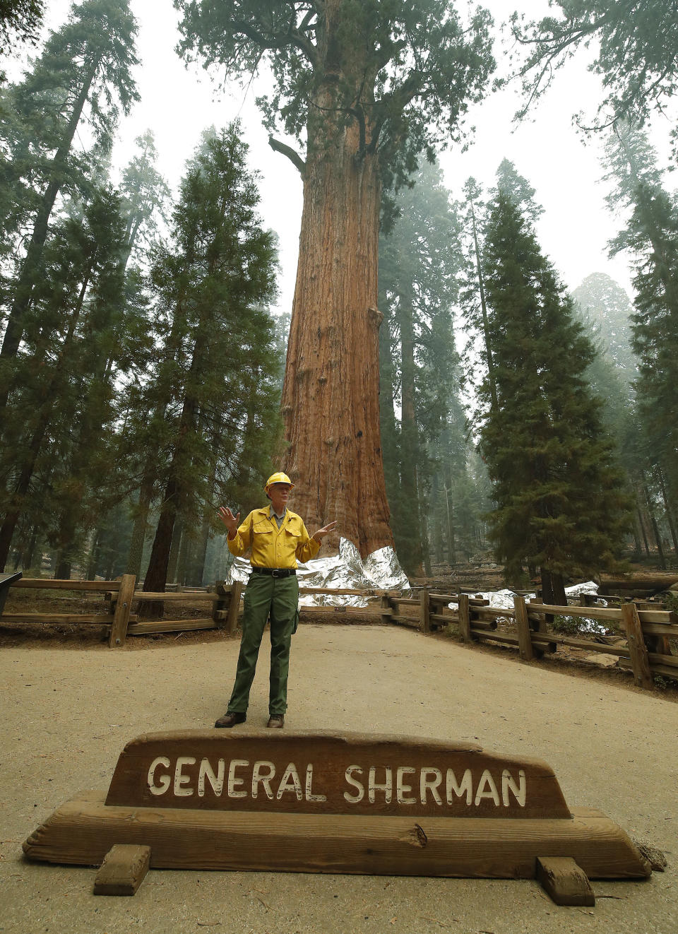 Clay Jordan, Superintendent of Sequoia and Kings National Park, briefs the media at the historic General Sherman, which was protected from fires by structure wrap at Sequoia National Park, Calif., Wednesday, Sept. 22, 2021. (AP Photo/Gary Kazanjian)