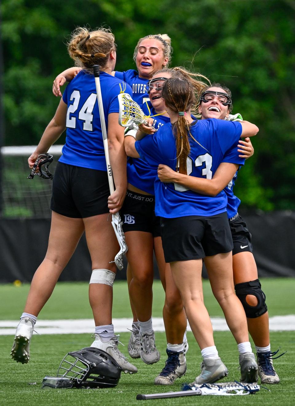 Sadie Mauro (center) celebrates with her Dover-Sherborn High School teammates after defeating Ipswich in the Division 4 state championship game on June 18. Mauro was killed on July 21 when the boat she was riding in collided with a jetty in East Dennis.