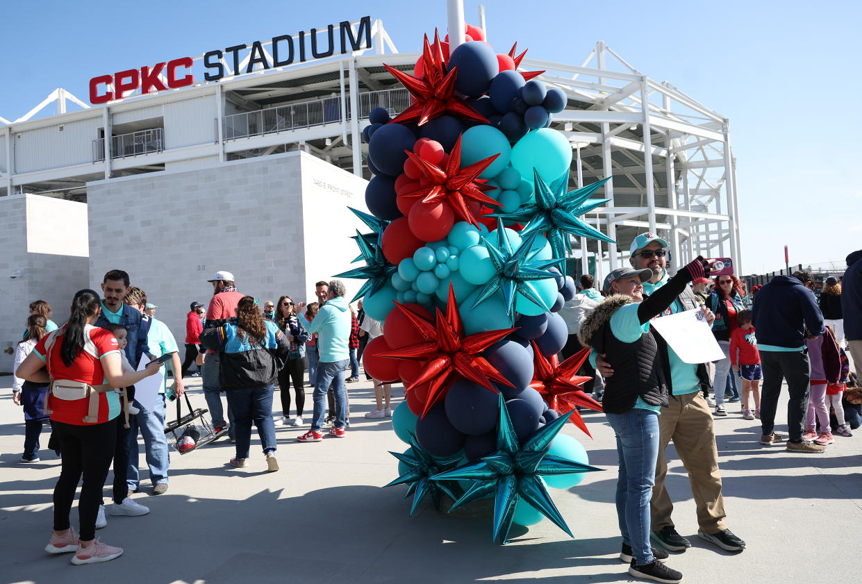 Fans take a selfie at the opening of the first stadium specifically built for women's soccer prior to the match between the Portland Thorns FC and the  Kansas City Current at CPKC Stadium on March 16, 2024 in Kansas City, Missouri. (Photo by Jamie Squire/Getty Images)