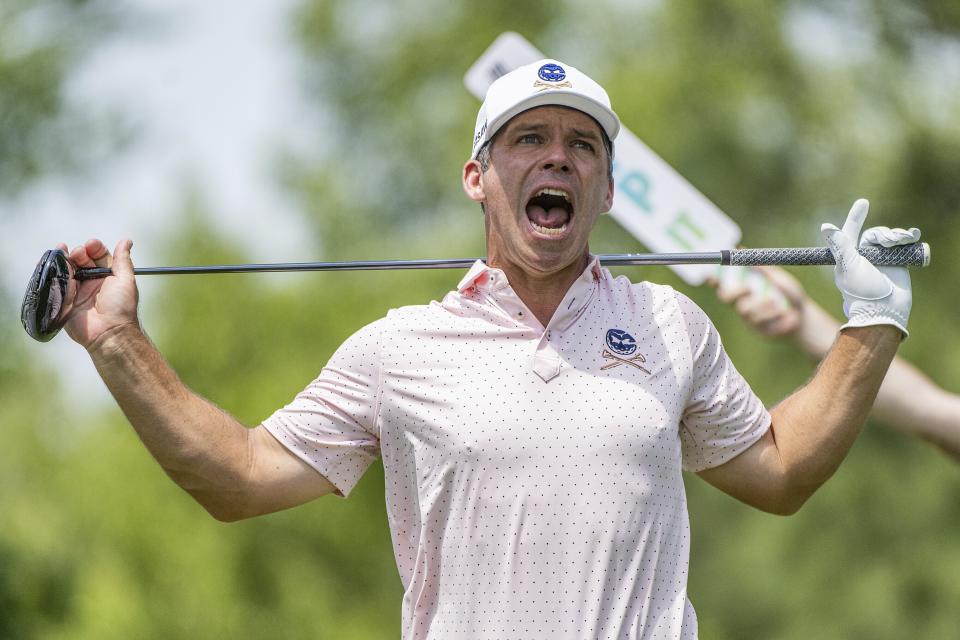 Paul Casey reacts after his shot from the fifth tee during the second round of LIV Golf Tulsa at Cedar Ridge Country Club on Saturday, May 13, 2023, in Broken Arrow, Okla. (Amy Kontras/LIV Golf via AP)