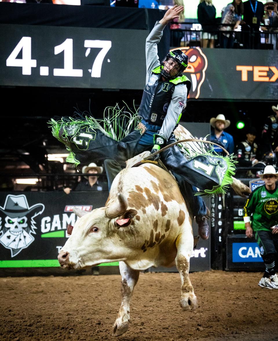 Dalton Kasel of the Austin Gamblers rides the bull Pete's Dejavu during a Gambler Days competition in late August. Kasel is one of the team's top riders and will return for the 2024 season. And fellow Gambler Jose Vitor Leme is the league's two-time defending MVP.