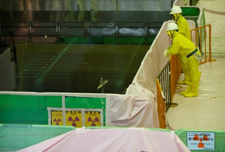 FILE PHOTO: Workers stand beside a spent fuel pool on the top floor of the No.5 reactor building at Chubu Electric Power Co.'s Hamaoka Nuclear Power Station in Omaezaki