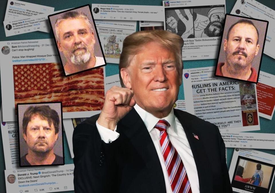 Prosecutors said the thee militia members in Kansas &mdash; who had plotted their attack in 2016 and were arrested that year &mdash; were conscious that their massacre might somehow make Trump look bad and hurt his election chances. They decided to schedule the attack, which authorities foiled, for the day after the election. (Photo: ILLUSTRATION: DAMON DAHLEN/HUFFPOST PHOTOS: GETTY)
