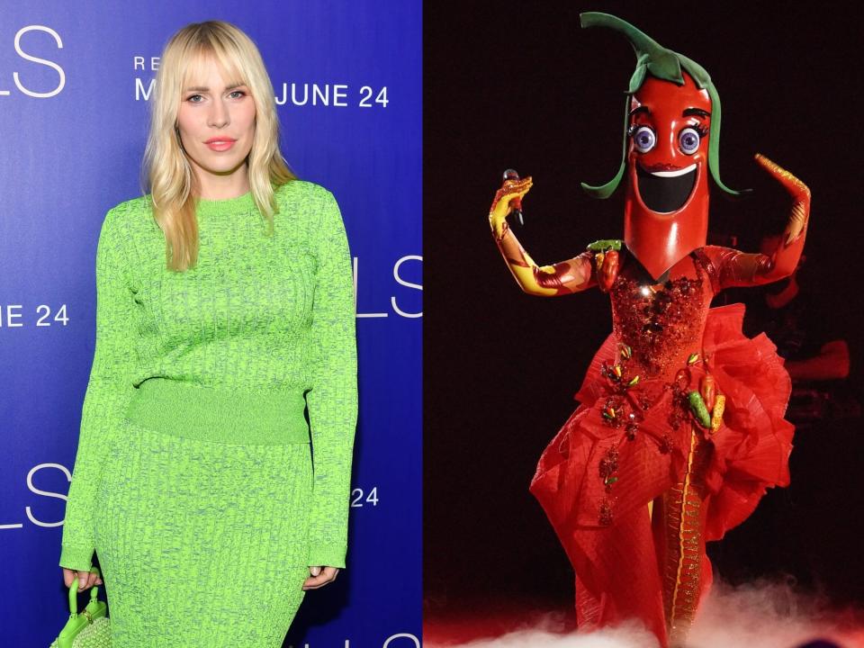 Natasha Bedingfield, who was unmasked as Pepper (left); Pepper performs on "The Masked Singer" Group A semifinal (right)