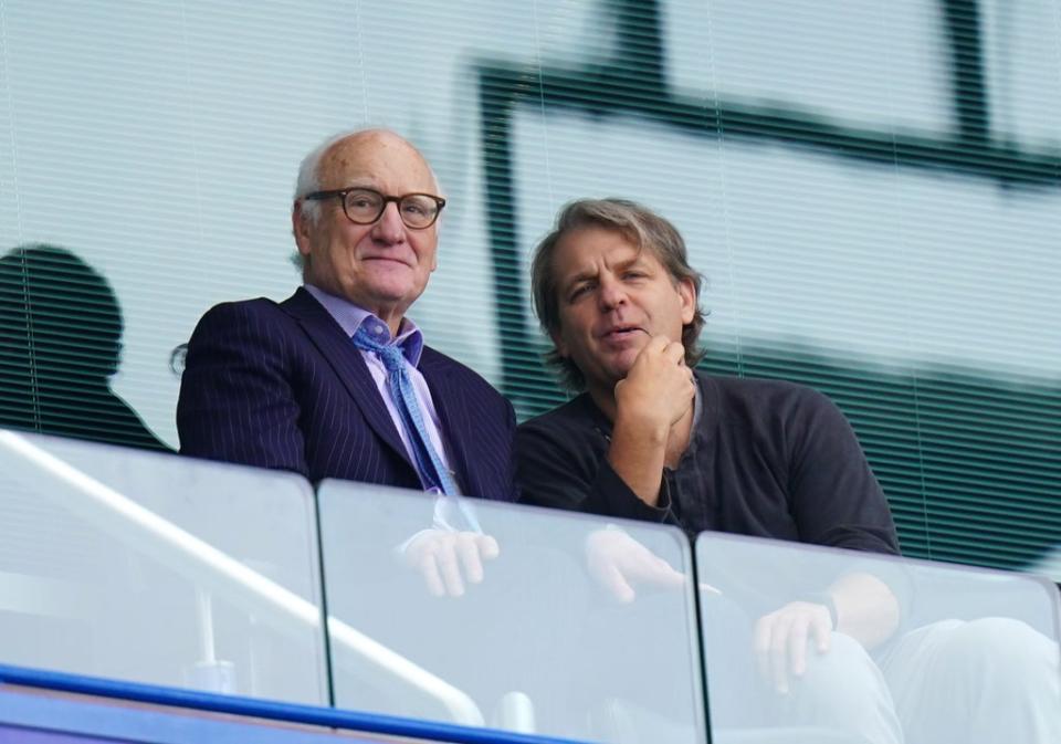 Todd Boehly, right, at Stamford Bridge with Chelsea chairman Bruce Buck, left (Adam Davy/PA) (PA Wire)