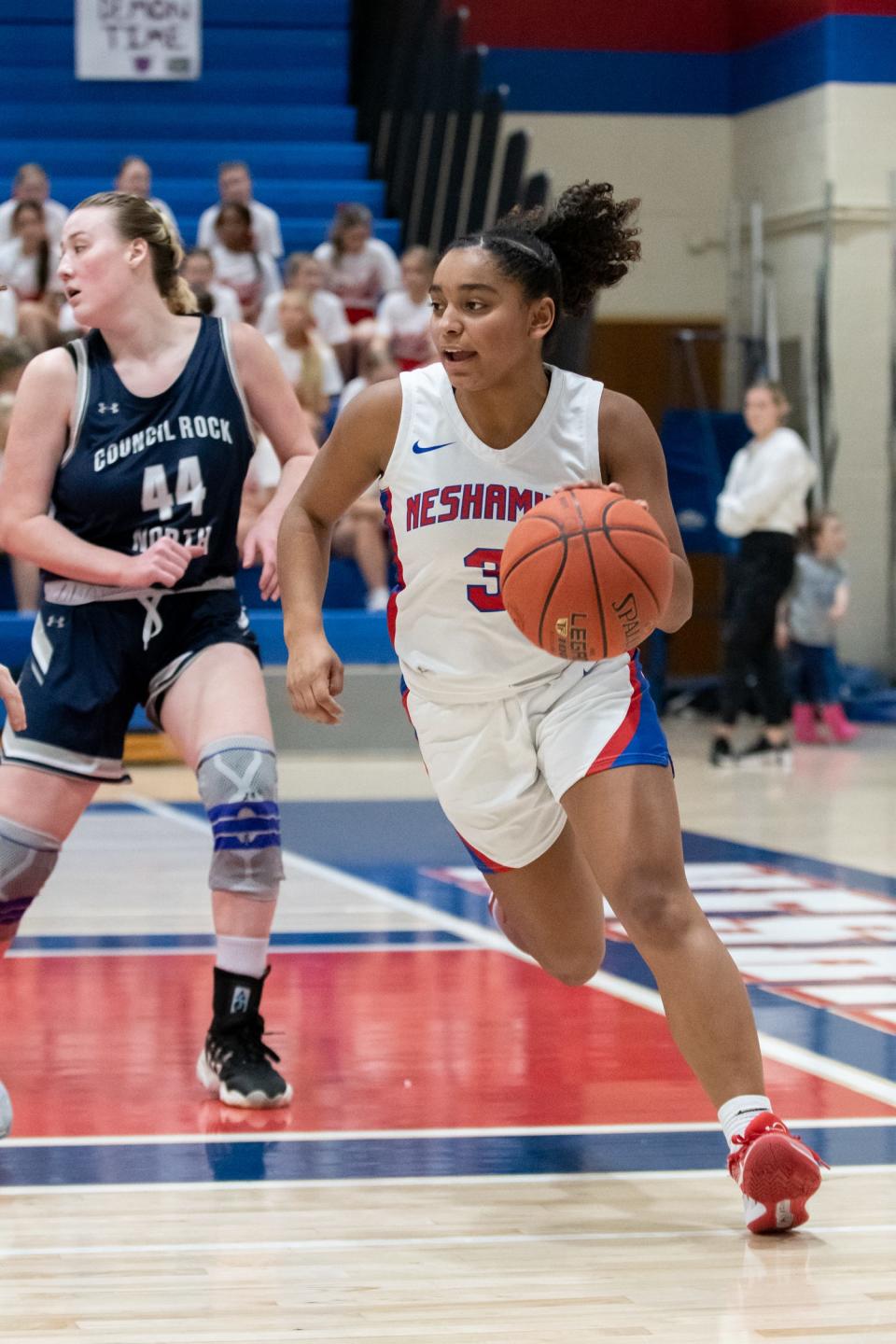 Neshaminy's Alena Cofield cuts across the paint in a girls basketball game against Council Rock North, on Friday, February 2, 2024, at Neshaminy High School in Middletown.