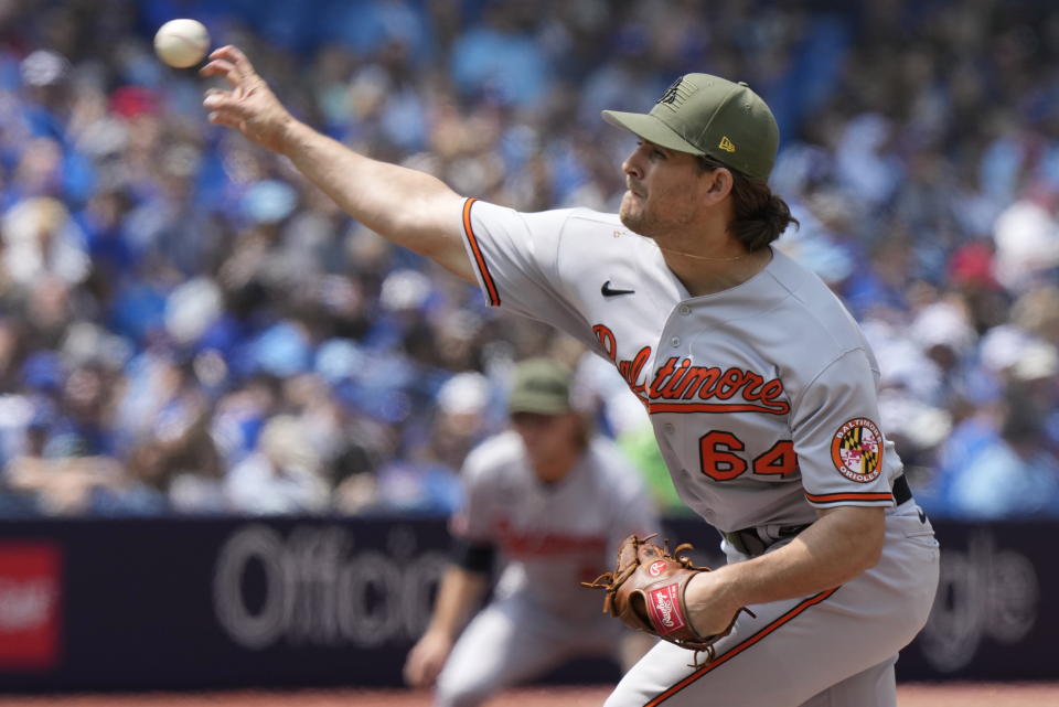 Baltimore Orioles starting pitcher Dean Kremer (64) delivers to the Toronto Blue Jays during the first inning of a baseball game in Toronto on Sunday, May 21, 2023. (Frank Gunn/The Canadian Press via AP)