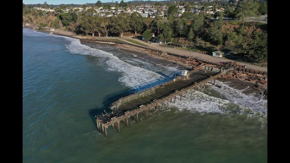 “Recent storms destroyed over half of the pier and severely damaged the remaining structure” at Seacliff State Beach, California State Parks said.