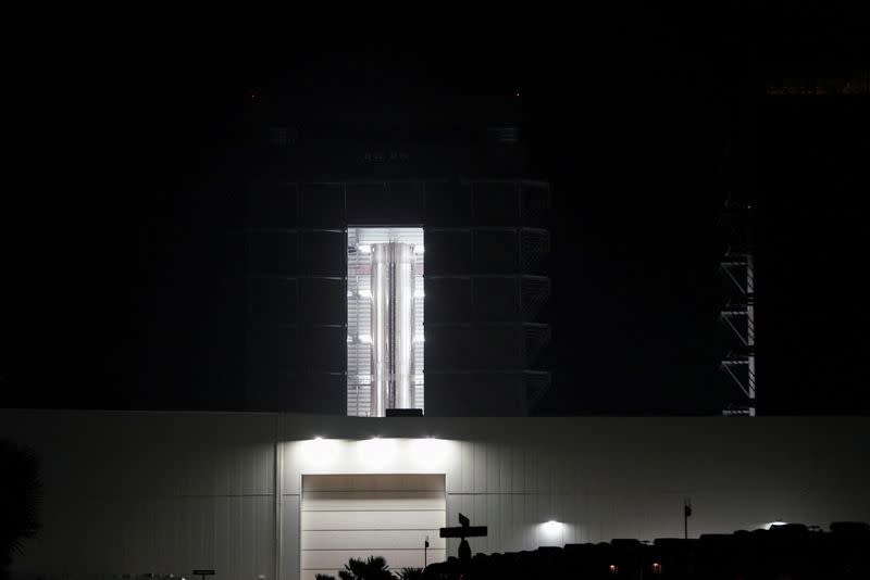 A SpaceX’s Starship rocket prototype being built is pictured in Brownsville