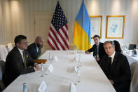 United States Secretary of State Antony Blinken, right, meets with Ukrainian Foreign Minister Dmytro Kuleba, left, at the Munich Security Conference in Munich, Saturday, Feb. 18, 2023. The 59th Munich Security Conference (MSC) is taking place from Feb. 17 to Feb. 19, 2023 at the Bayerischer Hof Hotel in Munich. (AP Photo/Petr David Josek, Pool)