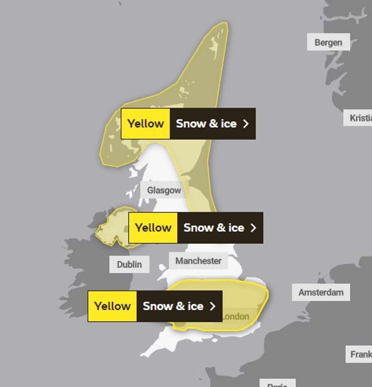 Snow and ice weather warnings in place for parts of all four UK nations (Met Office)